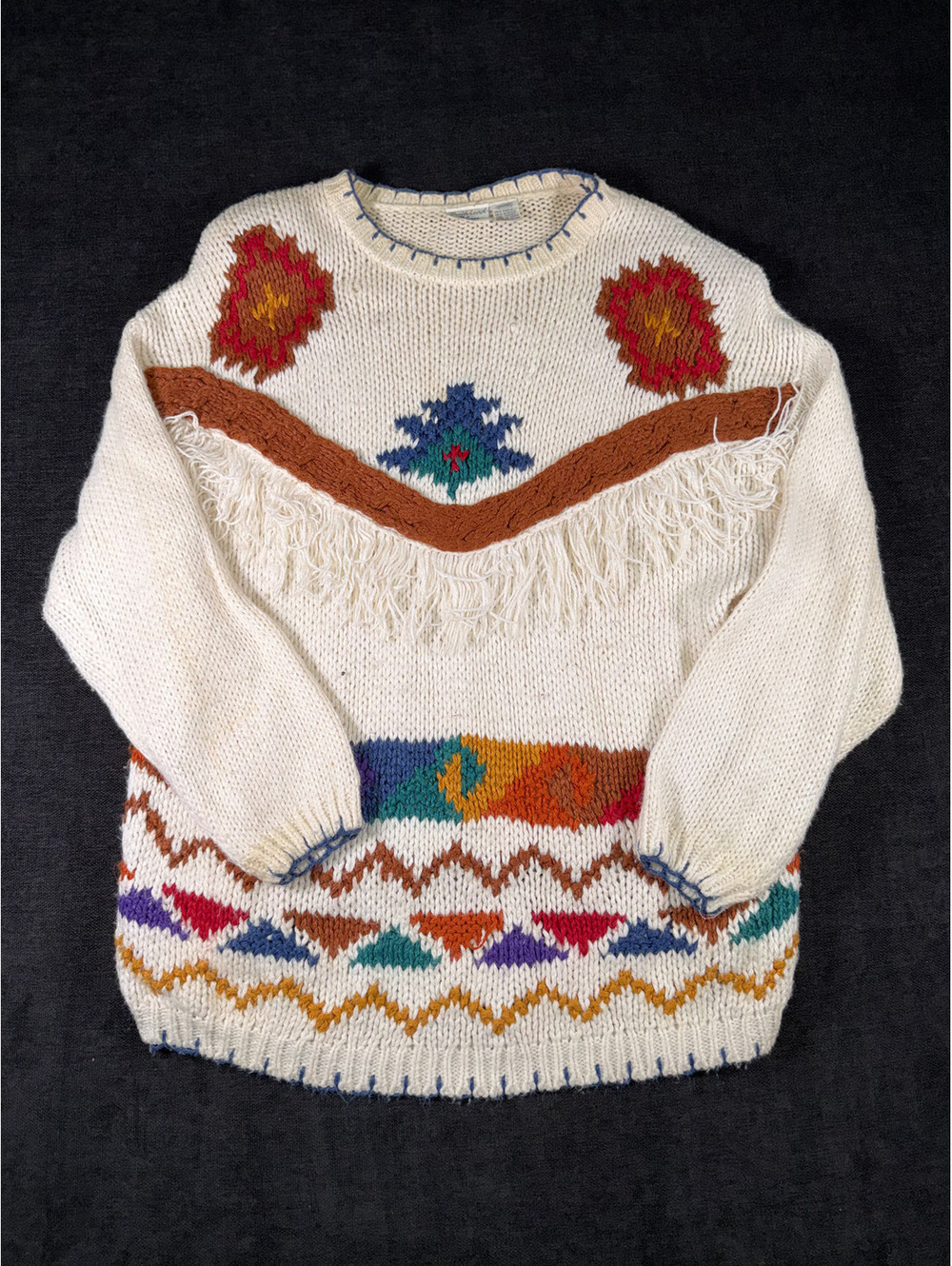 Vintage Backroad Blues Women's Knit Sweater with Fringe and Colorful Pattern